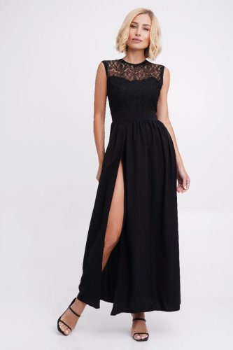 Довге вечірнє плаття з кружевом та розрізом на нозі Подіум 28005-BLACK XS Чорний - SvitStyle
