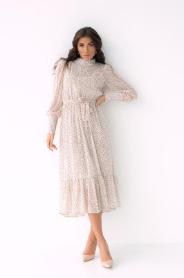 Платье в горошек с воротником-стойкой и рюшей по низу LIGHTER - бежевый цвет, XL (есть размеры) - 8366380 - SvitStyle