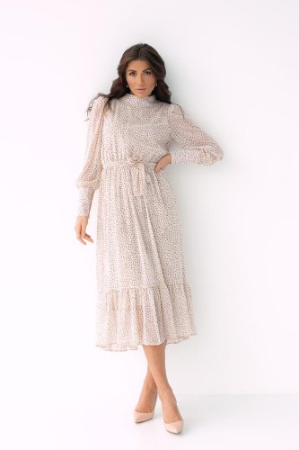 Платье в горошек с воротником-стойкой и рюшей по низу LIGHTER - бежевый цвет, XL (есть размеры) - SvitStyle