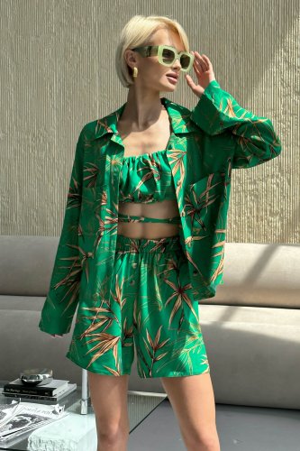 Яскравий літній костюм Ямайка зеленого кольору із принтованого льону м. Харків - SvitStyle