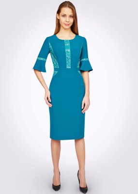 Платье футляр бирюзовое с кружевной отделой из гипюра 5400, 42 - 7864837 - SvitStyle