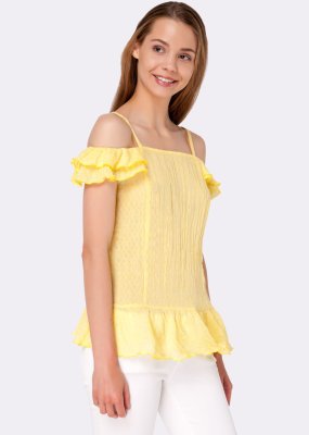 Желтая блуза-топ на бретелях из хлопковой ткани жатка 1215, 42 - SvitStyle