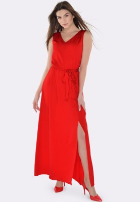 Красное платье макси из шелка жатка 5584, 42 - SvitStyle