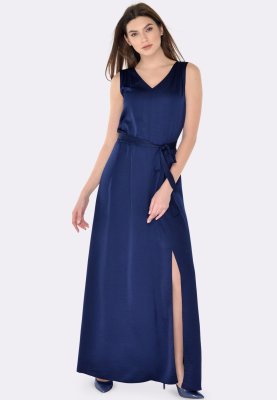 Тёмно-синее платье макси из шелка жатка 5584c, 42 - SvitStyle