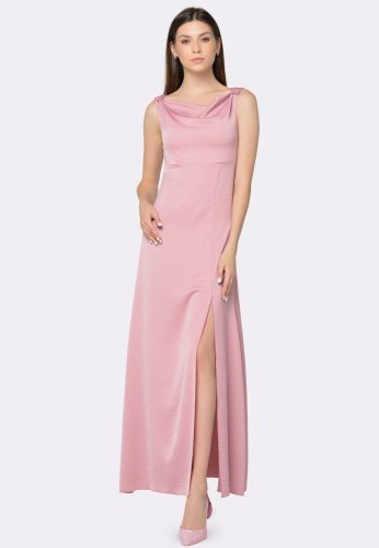 Розовое платье макси из шелка жатка 5588, 42 - SvitStyle