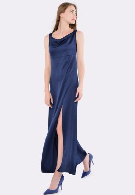 Темно-синее платье макси из шелка жатка 5588c, 42 - SvitStyle