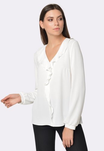Жемчужно-белая блуза с декоративным воланом 1280, 42 - SvitStyle
