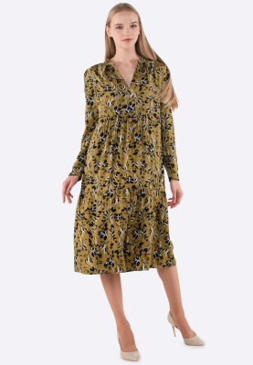Насыщенно-оливковое платье свободного кроя с контрастным принтом 5660, 42 - SvitStyle