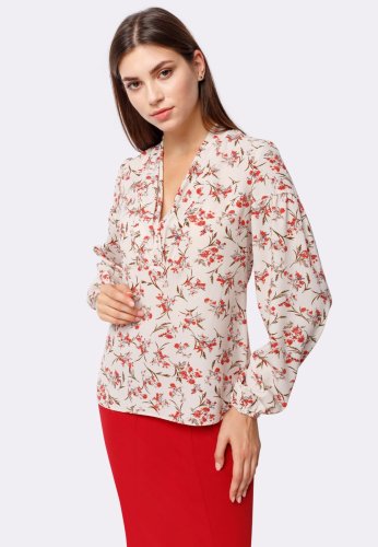 Блуза с объемными рукавами цветочный принт 1242k, 46 - SvitStyle