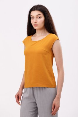 Гірчична блуза прямого крою з віскозної тканини жатка 1295, 42 - 8619032 - SvitStyle