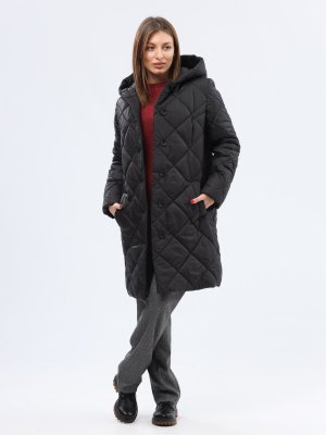 Утеплене чорне стьобане пальто 4430, 42 - SvitStyle
