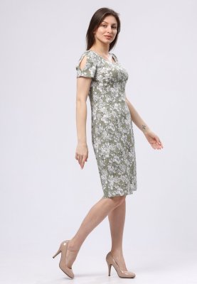 Оливкова сукня з квітковим малюнком зі стрейч льону 5725, 42 - SvitStyle