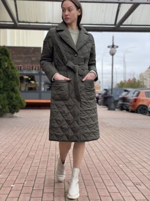 Стьобане пальто з поясом кольору хакі 4444, 42 - SvitStyle