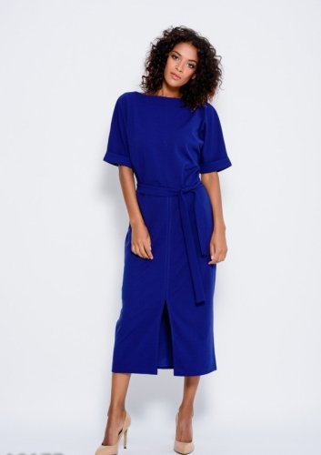 Bonita Синє плаття з пояском і з цільнокроєними рукавами, декорованими вилогами і розрізом спереду 6542-01 - SvitStyle