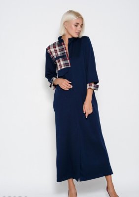 Bonita Темно-синя довга сукня прямого крою з вставками з картатого матеріалу і розрізом на подолі спереду 6562-01 - 7887099 - SvitStyle