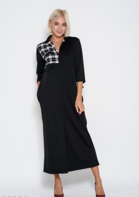 Bonita Чорне довге плаття прямого крою з вставками з картатого матеріалу і розрізом на подолі спереду 13677-01 - 7888092 - SvitStyle