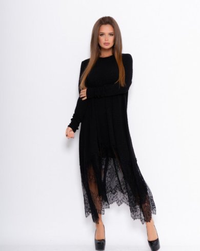 Bonita Чорне фактурне вільне плаття з мереживом 7550-01 - SvitStyle