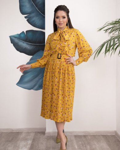 Bonita Горчичное цветочное платье-рубашка с плиссировкой 27555-01 - SvitStyle