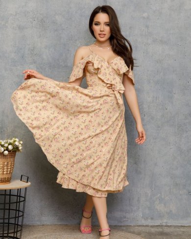 Bonita Бежевое цветочное платье-халат с воланами 28365-01 - SvitStyle