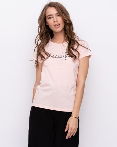 Bonita Рожева бавовняна футболка з написом блискучим 13740-01 - SvitStyle