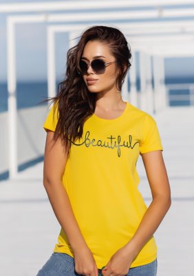 Bonita Жовта бавовняна футболка з блискучим написом 29125-01 - 8216572 - SvitStyle