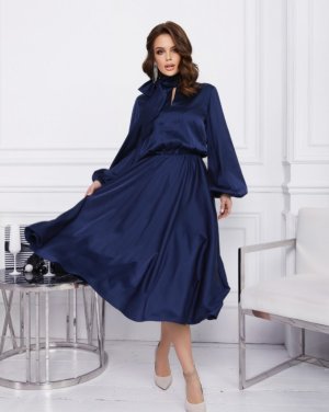 Bonita Синє шовкове плаття з коміром-бантом 26288-01 - 8234304 - SvitStyle