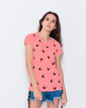 Bonita Рожева футболка з трикотажу з пташиним принтом 13983-01 - SvitStyle