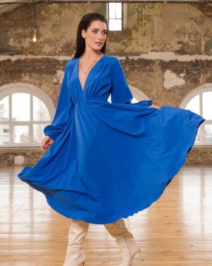 Bonita Синє приталене плаття з рукавами-ліхтариками 32682-01 - 8417146 - SvitStyle