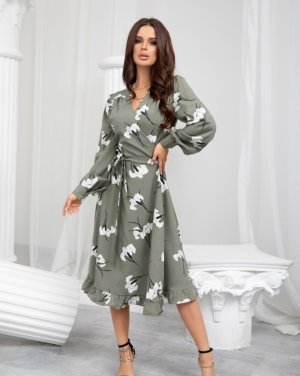 Bonita Принтована сукня-халат кольору хакі з воланом 33363-01 - 8417468 - SvitStyle