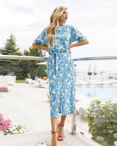 Bonita Блакитне лляне плаття з короткими рукавами 14485-01 - SvitStyle