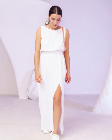 Bonita Біла бавовняна довга сукня з розрізом 34702-01 - SvitStyle