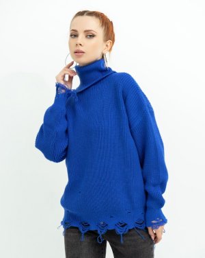 Bonita Синій подовжений светр з високим горлом та перфорацією 37363-01 - 8491960 - SvitStyle