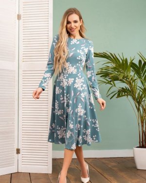 Бірюзова класична сукня з квітковим принтом - 39035-01 - 8516579 - SvitStyle