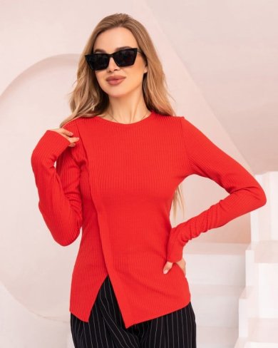 Червоний трикотажний светр із розрізом - 39064-01 - SvitStyle