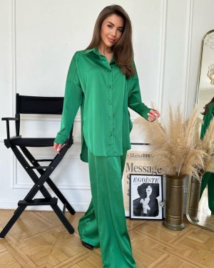 Зелений шовковий костюм у піжамному стилі - 39080-01 - 8516620 - SvitStyle