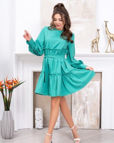 Зелена сукня-трапеція з рюшами - 40973-01 - SvitStyle