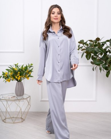 Сірий шовковий костюм у піжамному стилі - 41004-01 - SvitStyle