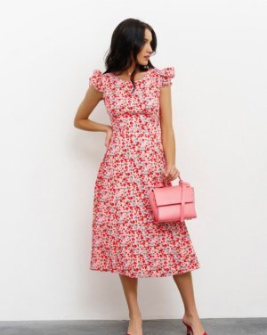 Рожева бавовняна принтована сукня з воланами - 8542148 - SvitStyle