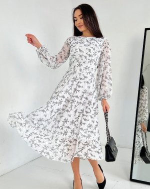 Біла міді сукня з дрібним квітковим принтом - 8542524 - SvitStyle