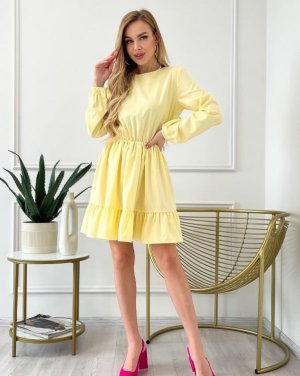 Жовта приталена сукня з воланом - 8542573 - SvitStyle