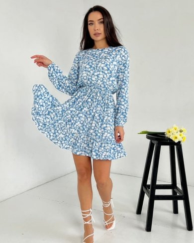 Синя квіткова сукня з воланом - SvitStyle