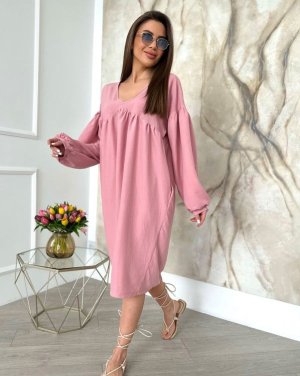 Вільна рожева сукня з V-подібною горловиною - 8542611 - SvitStyle
