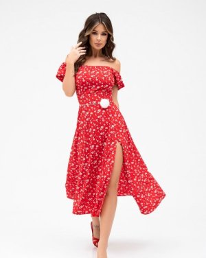 Червона квіткова ретро сукня з розрізом - 8542662 - SvitStyle