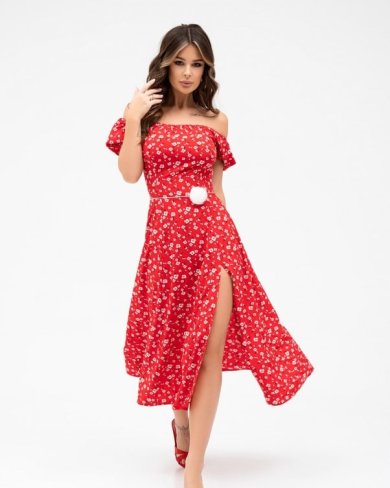 Червона квіткова ретро сукня з розрізом - SvitStyle