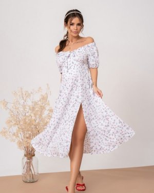 Біла квіткова сукня з відкритими плечима - 8542680 - SvitStyle