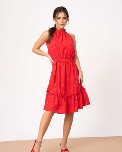 Червона в горошок сукня з коміром халтер - SvitStyle