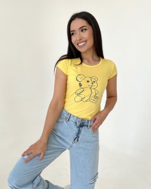 Жовта бавовняна футболка з ведмедиком - 8542780 - SvitStyle