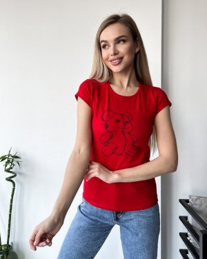 Червона бавовняна футболка з ведмедиком - 8542783 - SvitStyle