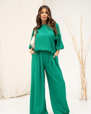 Зелений лляний костюм із широкими брюками - 8542863 - SvitStyle