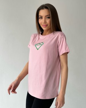 Рожева оверсайз футболка з вишитим серцем - 8542894 - SvitStyle